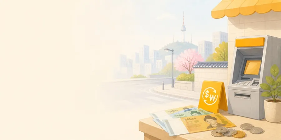 Dalmaji: Korean won notes and coins beside an ATM and an exchange sign, from the money section of the travel guide