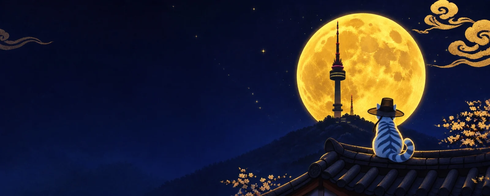 Dalmaji key art: a tiger in a gat hat sitting on a hanok roof, watching a full moon rise behind the Seoul tower