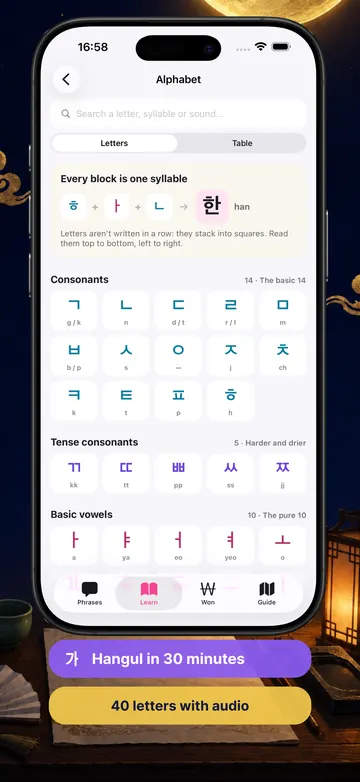 Dalmaji screenshot (English): The 40-letter Korean alphabet with audio