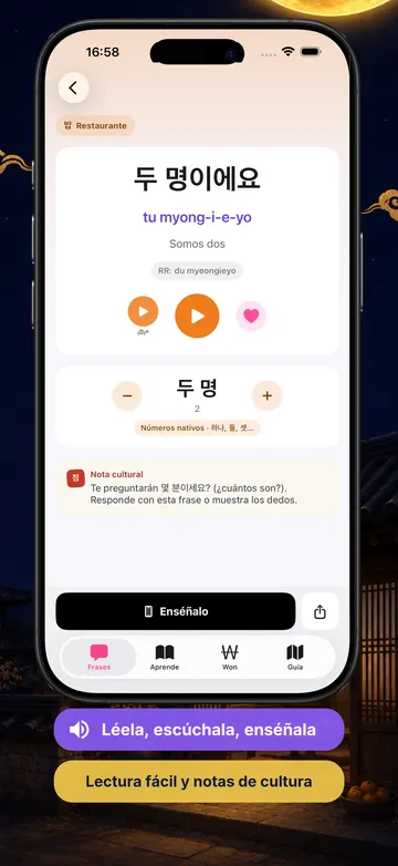 Dalmaji screenshot (Español): A phrase with Hangul, romanization, easy reading and audio