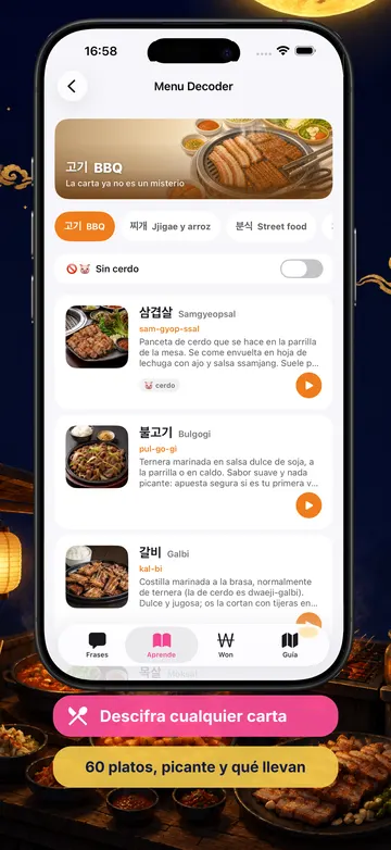 Dalmaji screenshot (Español): The Menu Decoder with Korean dishes