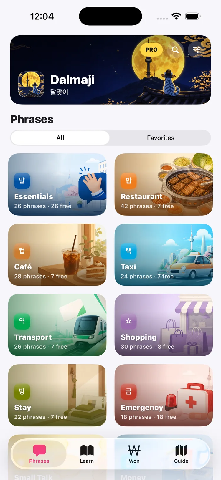 Dalmaji app: the Phrases tab, with illustrated Korean travel phrase categories