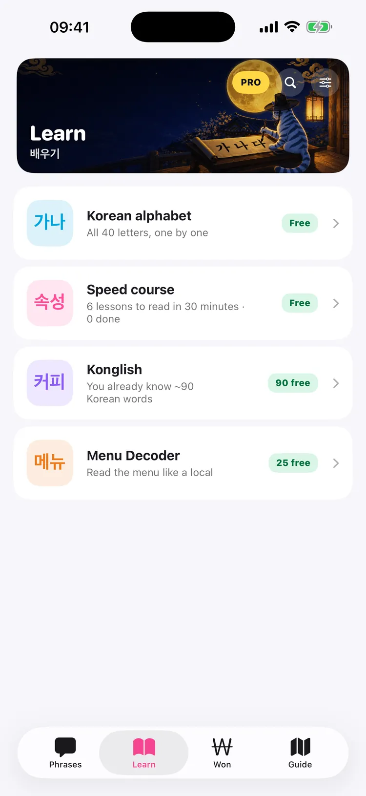 Dalmaji app: the Learn tab — Korean alphabet, speed course, Konglish and Menu Decoder