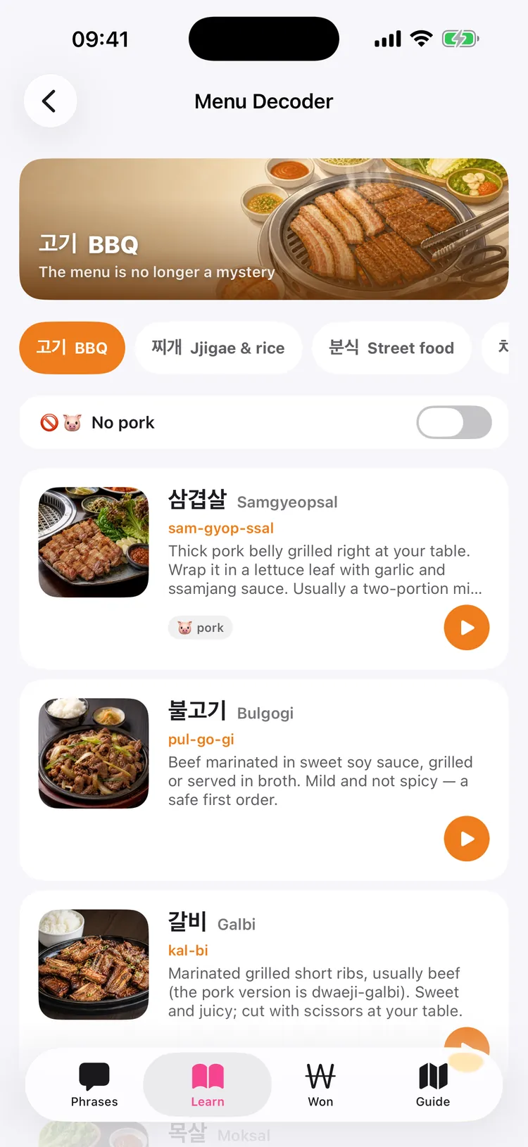 Dalmaji app: Menu Decoder, with Korean dishes, spice levels and pork, seafood and veggie flags