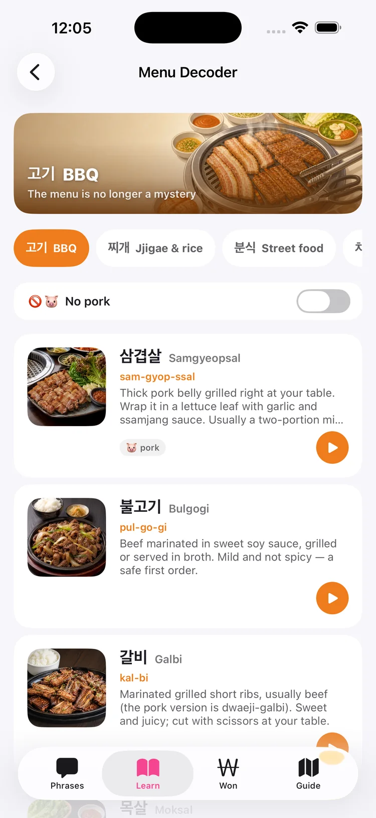 Dalmaji app: Menu Decoder, with photographed Korean dishes and spice levels