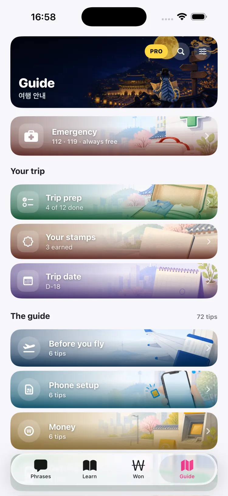 Dalmaji app: the Guide tab, with trip preparation, stamps, trip date and 72 tips
