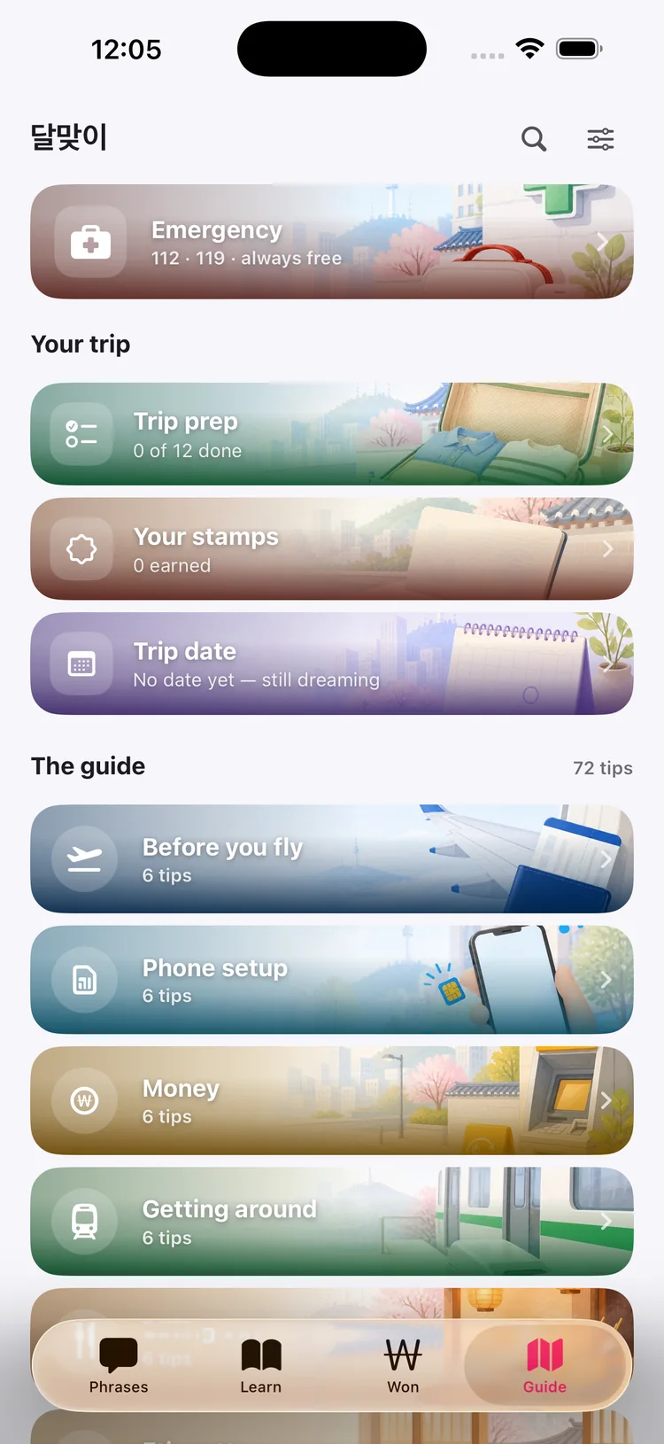 Dalmaji app: the Guide tab, with trip preparation, stamps, trip date and 72 tips