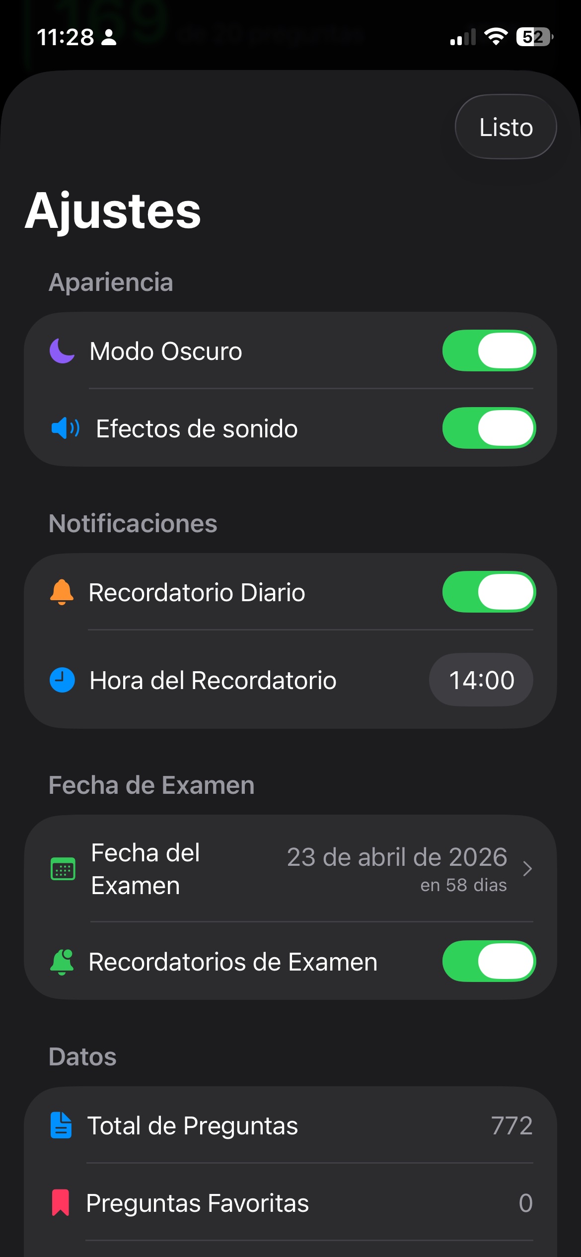 Ajustes y fecha de examen