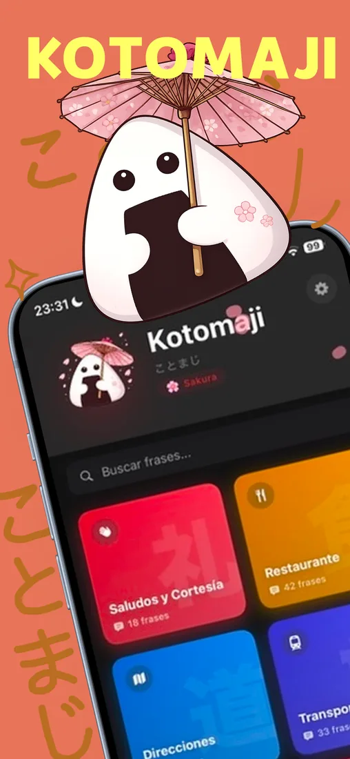 App Kotomaji: schermata principale con le categorie di frasi da viaggio
