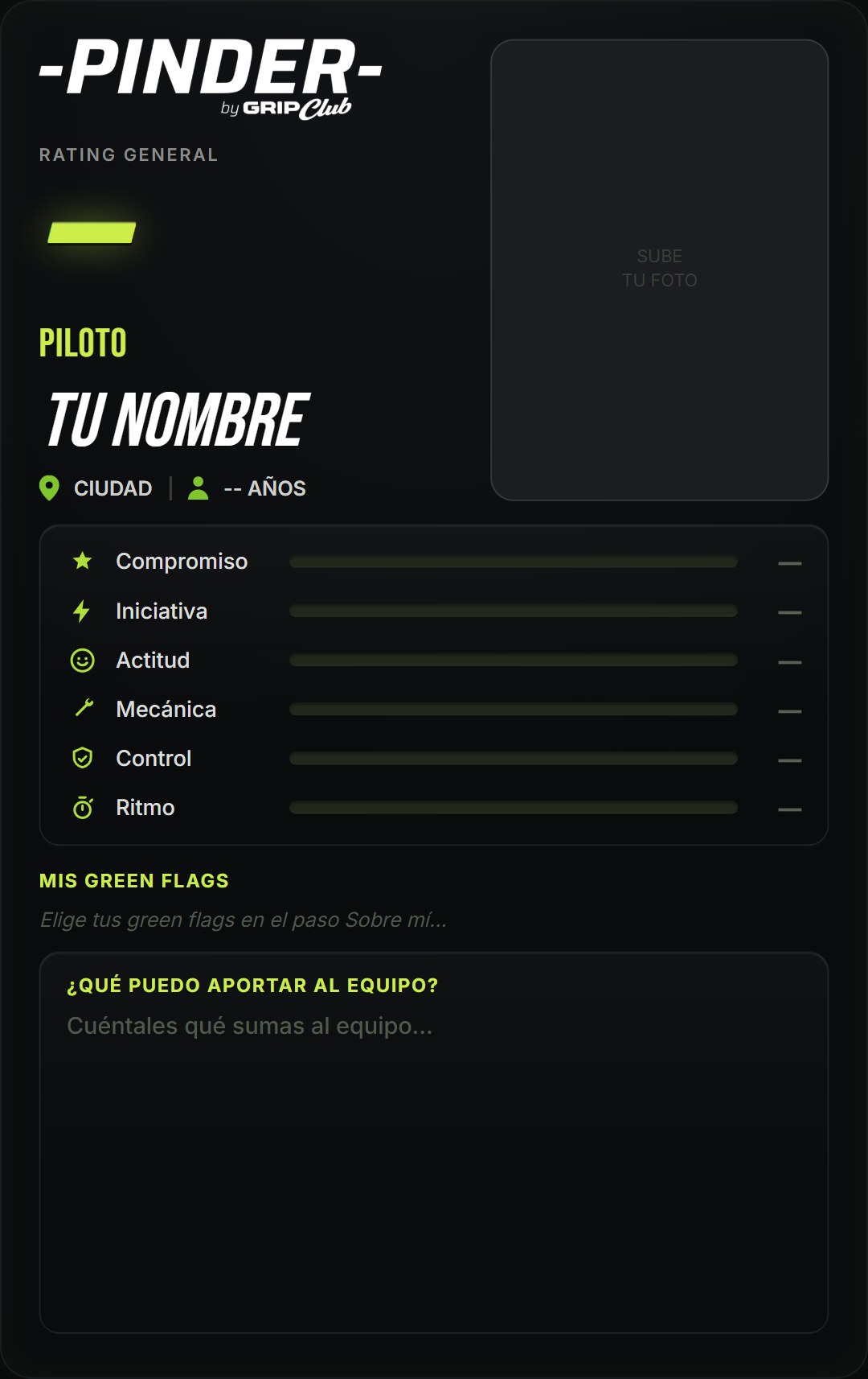 Una carta de Pinder vacía, antes de que un piloto la rellene